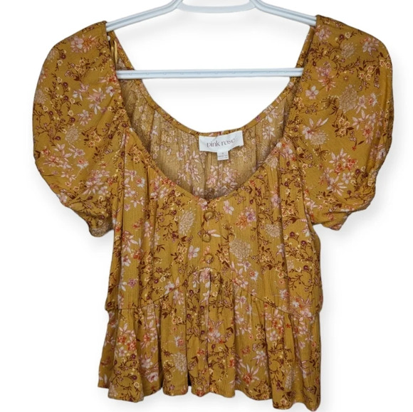 NWT Pink Rose Mustard Yellow Floral Flowy Cropped Top Capped Sleeves Women Small - Picture 1 of 8